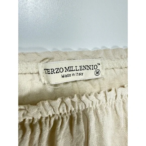 Terzo Millennio Italy Linen Peasant Blouse Beige Ruffle Hem Boho Top Womens M - Picture 3 of 6